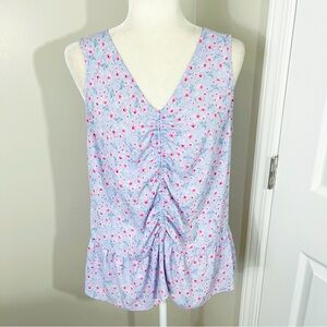 PLEIONE Periwinkle with Pink Floral Print Sleeveless Ruched Blouse - LARGE